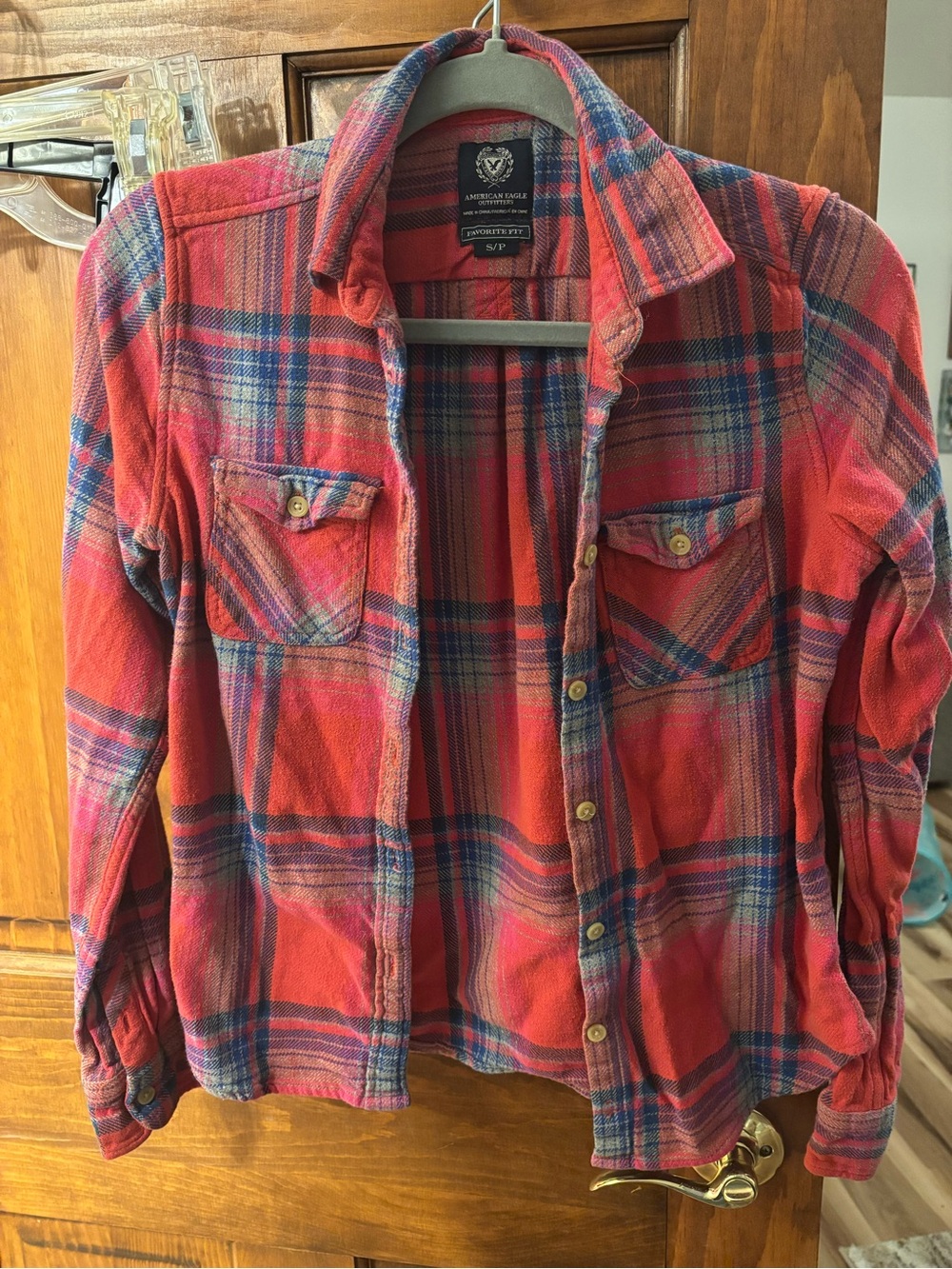 American Eagle Outfitters Red and Blue Plaid Flannel Shirt